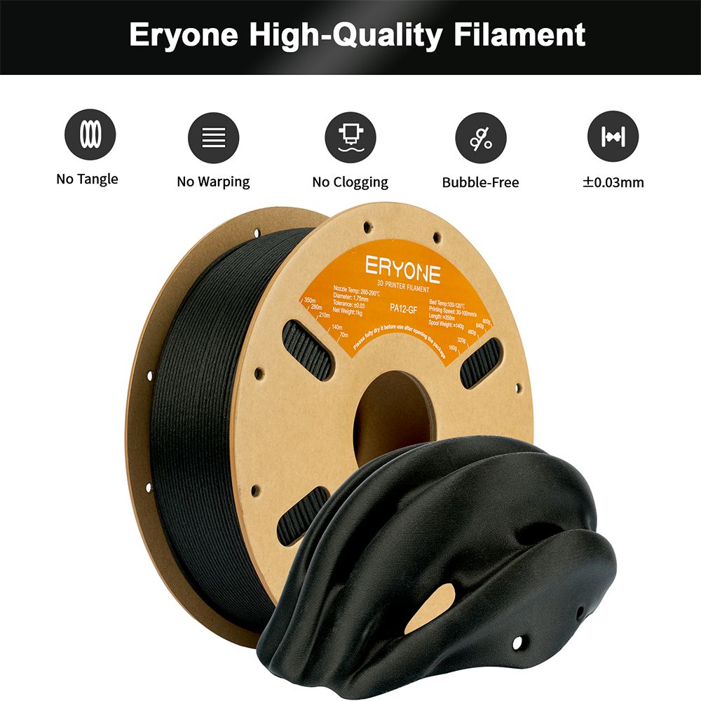 ERYONE PA12 Glass Fiber Filament, 1kg - Black