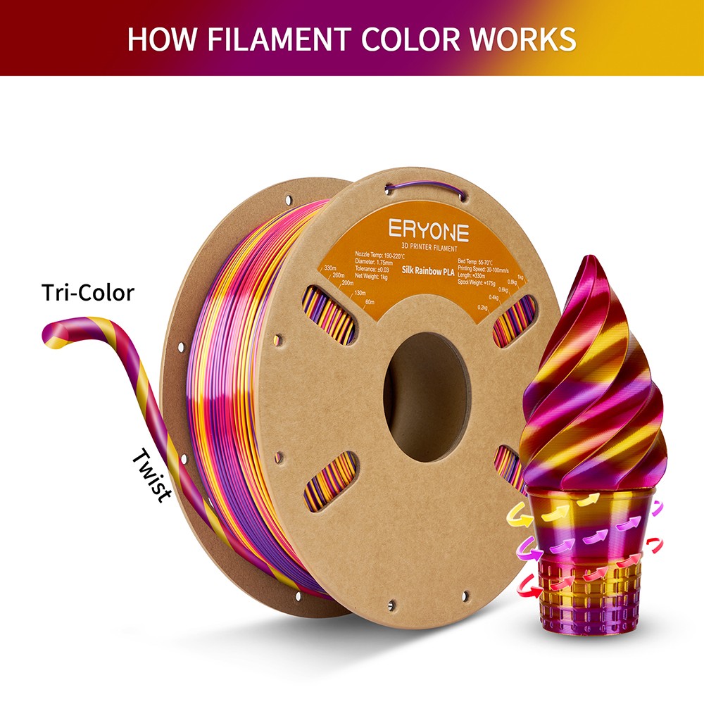 ERYONE Silk Twist Rainbow PLA Filament 1kg - Inferno (Rot&Gold&Violett)