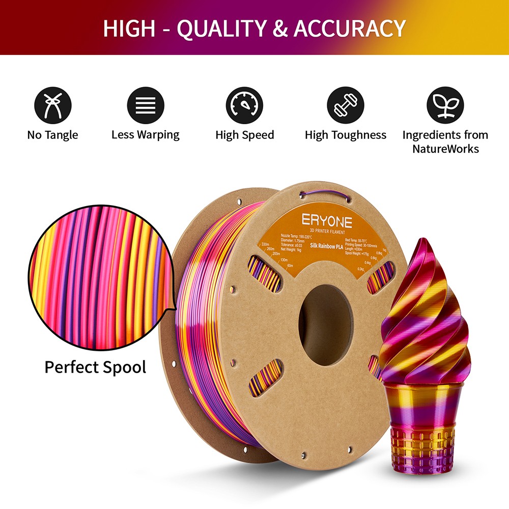 ERYONE Silk Twist Rainbow PLA Filament 1kg - Inferno (Red&Gold&Purple)