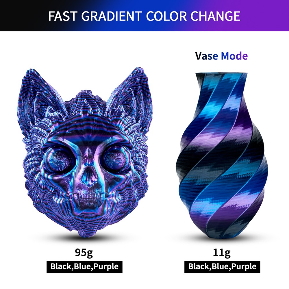 ERYONE Silk Twist Rainbow PLA Filament 1kg - Obsidian (Black&Blue&Purple)