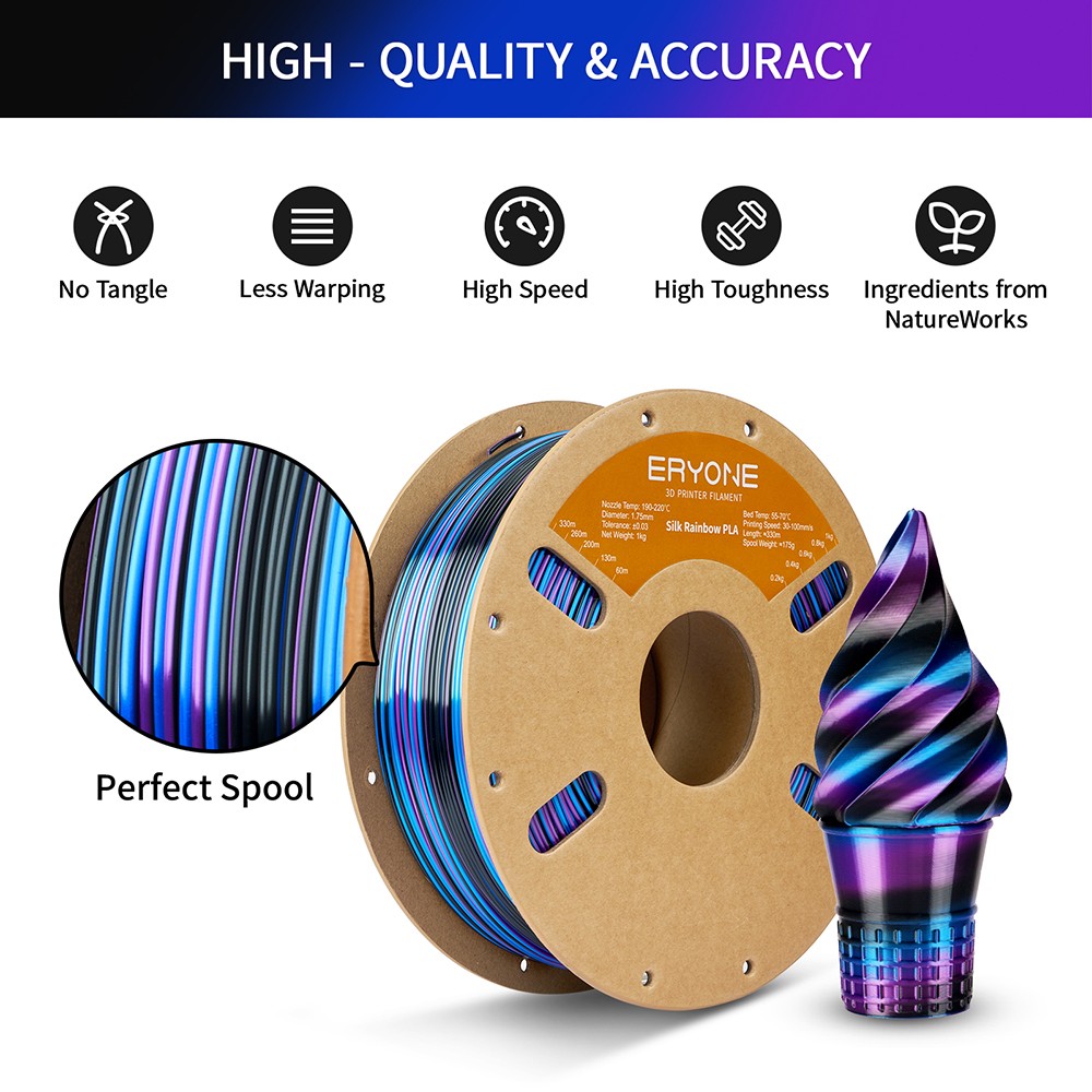 ERYONE Silk Twist Rainbow PLA Filament 1kg - Obsidian (Black&Blue&Purple)