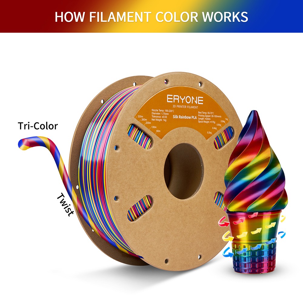 ERYONE Silk Twist Rainbow PLA Filament 1kg - Psychedelic (Red&Yellow&Blue)