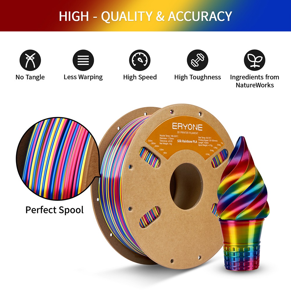 ERYONE Silk Twist Rainbow PLA Filament 1kg - Psychedelic (Red&Yellow&Blue)