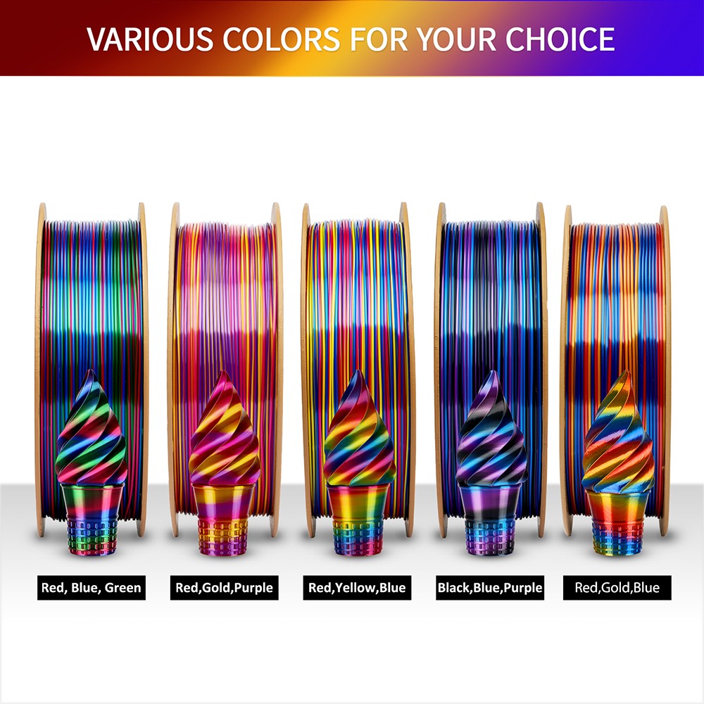 ERYONE Silk Twist Rainbow PLA Filament 1kg - Red&Gold&Blue