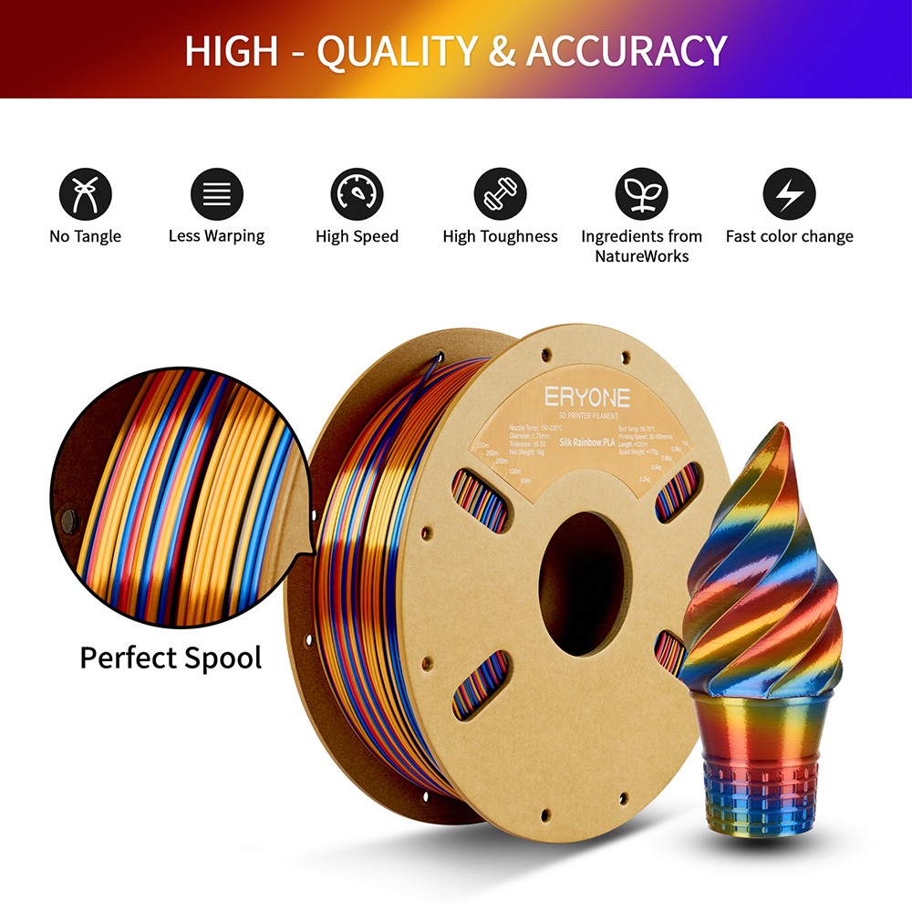 ERYONE Silk Twist Rainbow PLA Filament 1kg - Red&Gold&Blue