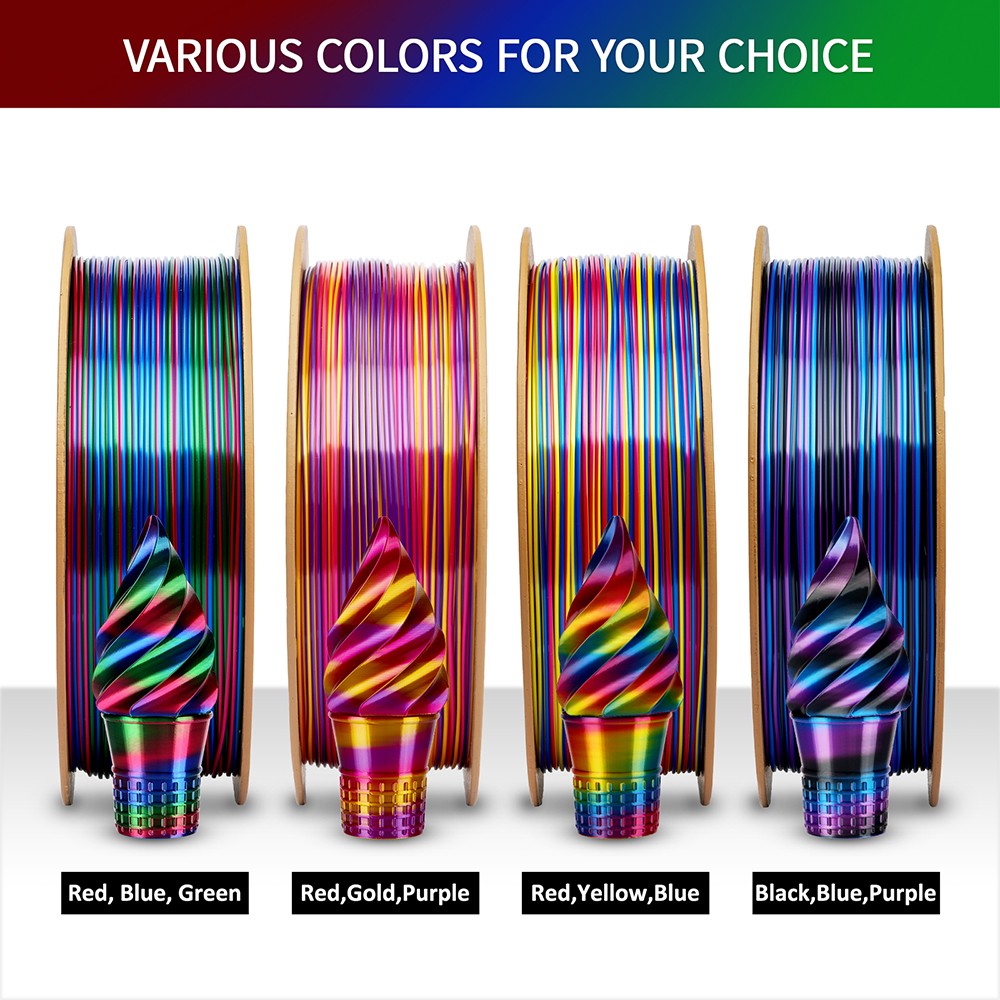 ERYONE Silk Twist Rainbow PLA Filament 1kg - Vortex (Red&Blue&Green)