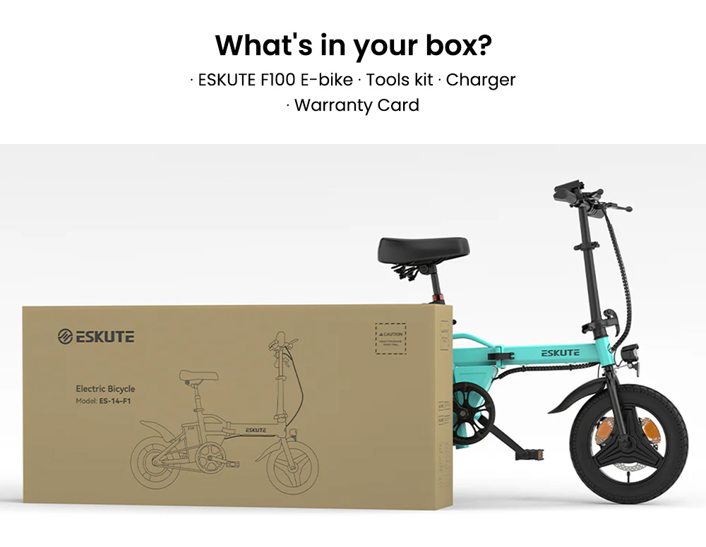 ESKUTE F100 skladací elektrický bicykel, 250W motor, 36V 9Ah batéria, 14 palcové pneumatiky, max. rýchlosť 25 km/h, dojazd 55 km, mechanické kotúčové brzdy, LCD displej - modrý