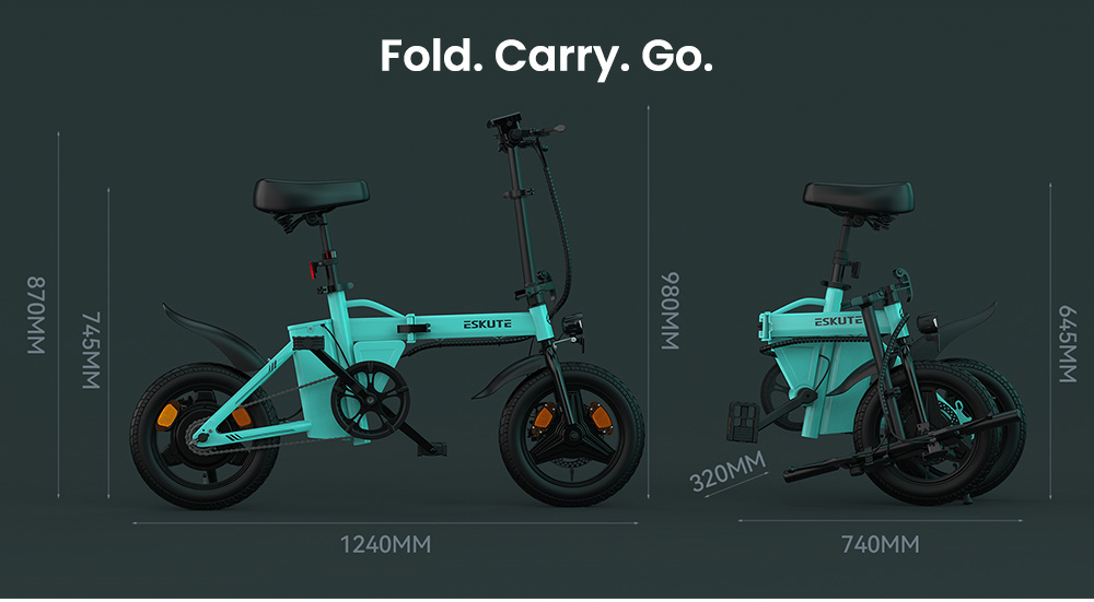 ESKUTE F100 skladací elektrický bicykel, 250W motor, 36V 9Ah batéria, 14 palcové pneumatiky, max. rýchlosť 25 km/h, dojazd 55 km, mechanické kotúčové brzdy, LCD displej - modrý