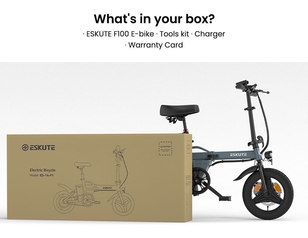 ESKUTE F100 skladací elektrický bicykel, 250W motor, 36V 9Ah batéria, 14 palcové pneumatiky, max. rýchlosť 25 km/h, dojazd 55 km, mechanické kotúčové brzdy, LCD displej - sivý