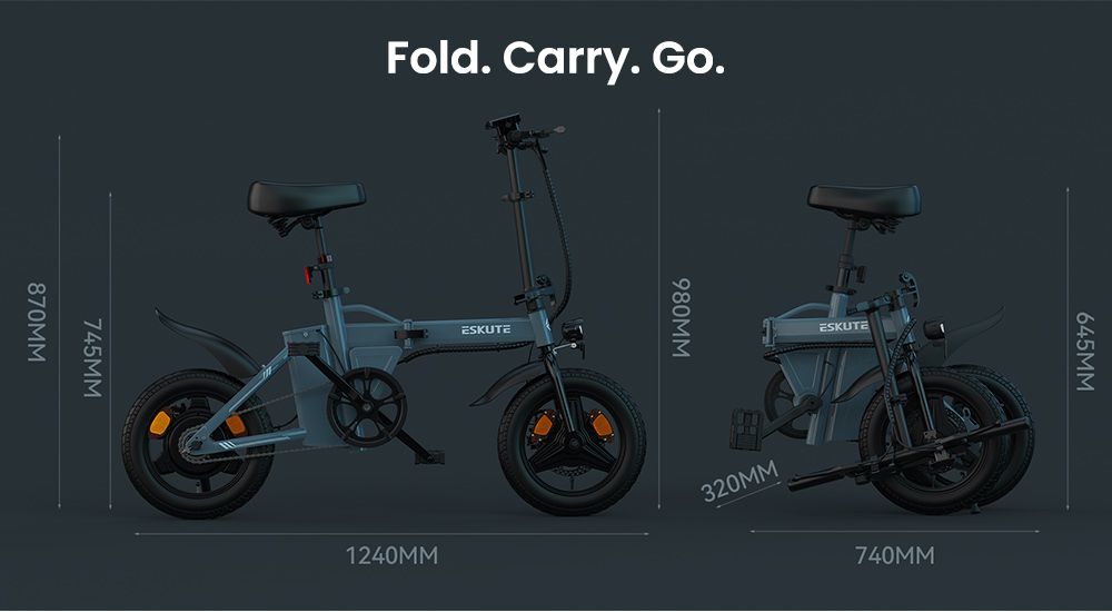 ESKUTE F100 skladací elektrický bicykel, 250W motor, 36V 9Ah batéria, 14 palcové pneumatiky, max. rýchlosť 25 km/h, dojazd 55 km, mechanické kotúčové brzdy, LCD displej - sivý