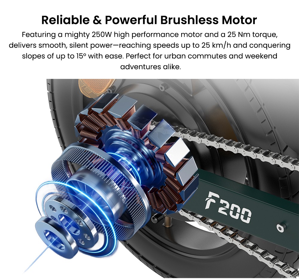 ESKUTE F200 Skladací elektrický bicykel, 250W motor, 36V 7.8Ah batéria, 14 palcové pneumatiky, max. rýchlosť 25km/h, dojazd 50km, mechanické kotúčové brzdy, LCD displej - zelený