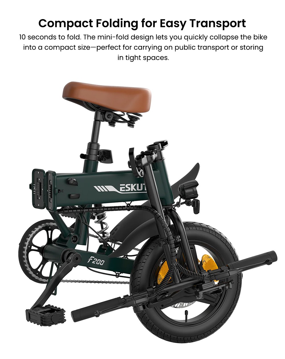 ESKUTE F200 Skladací elektrický bicykel, 250W motor, 36V 7.8Ah batéria, 14 palcové pneumatiky, max. rýchlosť 25km/h, dojazd 50km, mechanické kotúčové brzdy, LCD displej - zelený