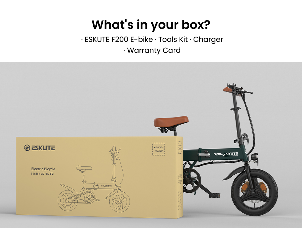 ESKUTE F200 skladací elektrický bicykel, 250W motor, 36V 7,8Ah batéria, 14 palcové pneumatiky, max. rýchlosť 25 km/h, dojazd 50 km, mechanické kotúčové brzdy, LCD displej - zelený