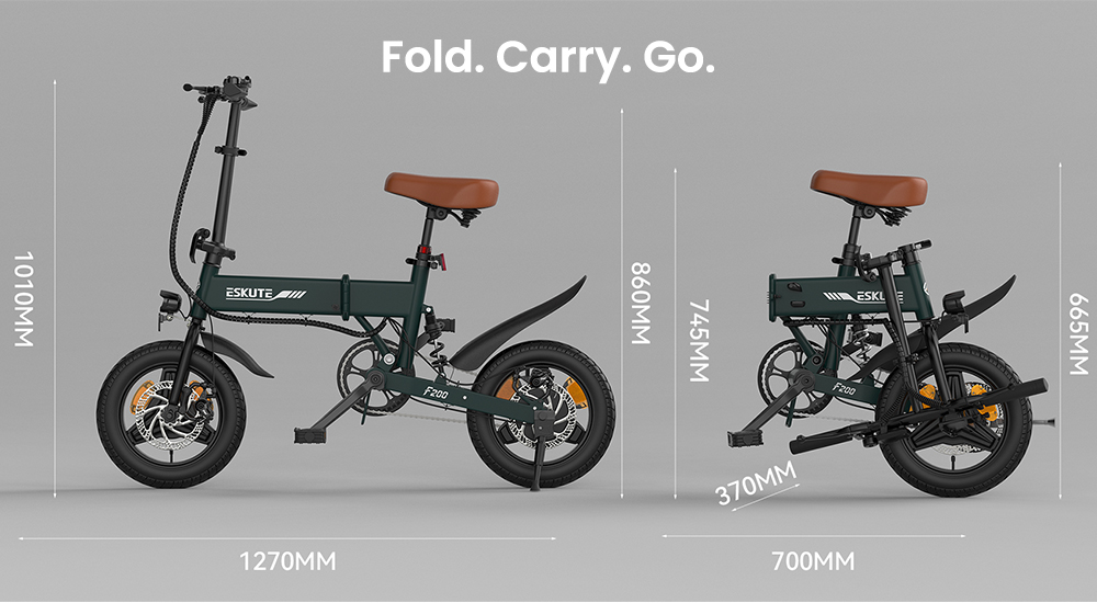 ESKUTE F200 Skladací elektrický bicykel, 250W motor, 36V 7.8Ah batéria, 14 palcové pneumatiky, max. rýchlosť 25km/h, dojazd 50km, mechanické kotúčové brzdy, LCD displej - zelený