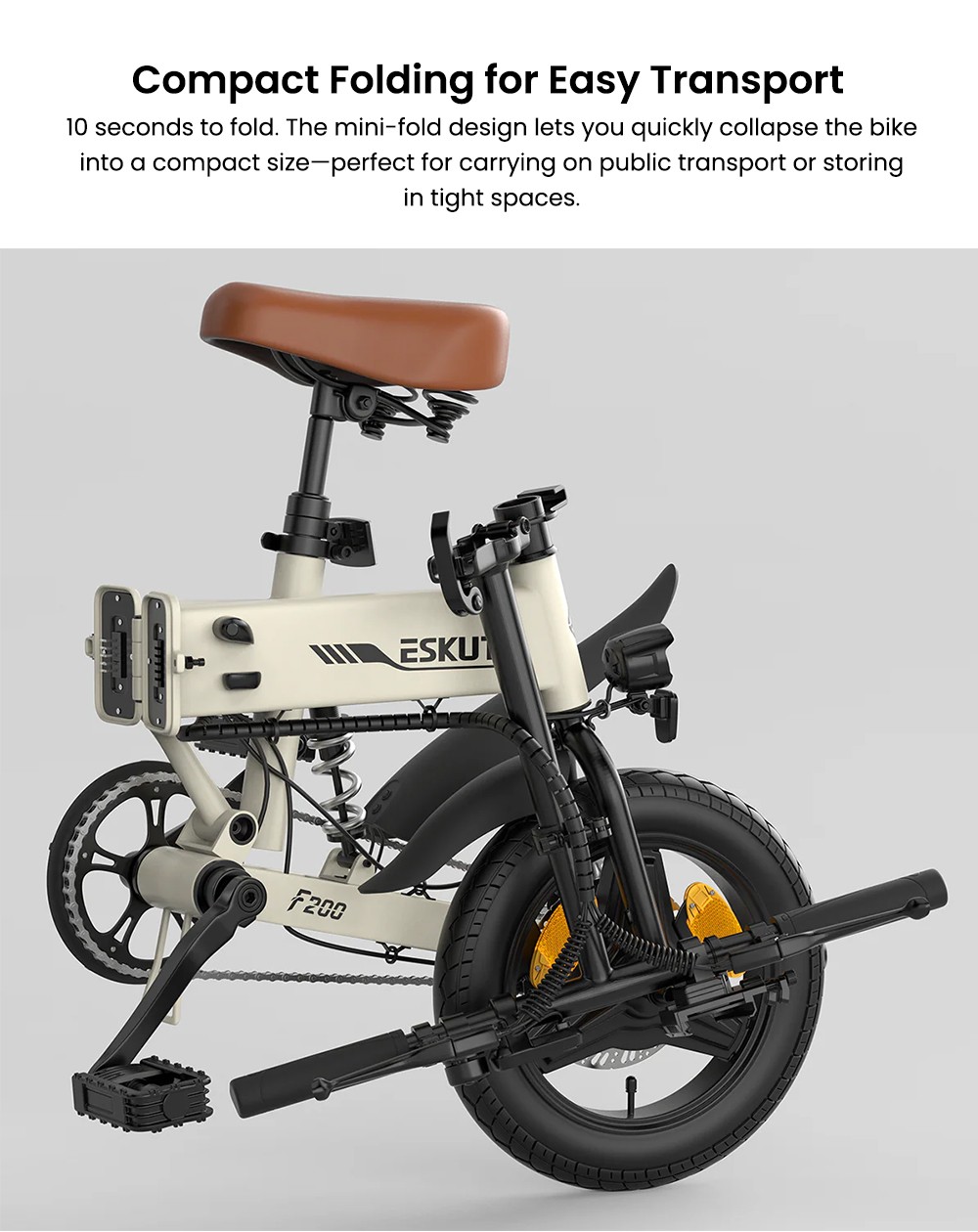 ESKUTE F200 Skladací elektrický bicykel, 250W motor, 36V 7.8Ah batéria, 14 palcové pneumatiky, max. rýchlosť 25km/h, dojazd 50km, mechanické kotúčové brzdy, LCD displej - Khaki