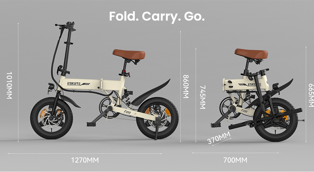 ESKUTE F200 Skladací elektrický bicykel, 250W motor, 36V 7.8Ah batéria, 14 palcové pneumatiky, max. rýchlosť 25km/h, dojazd 50km, mechanické kotúčové brzdy, LCD displej - Khaki