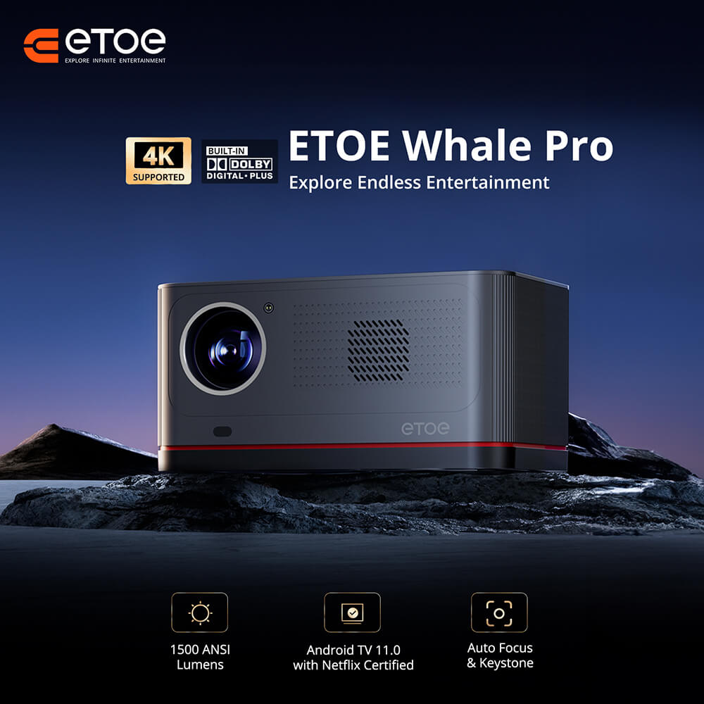 Refurbished ETOE Whale Pro Android TV Projector, Native 1080P, 1500 ANSI, 4K Decoding, Auto Focus & Auto Keystone Correction, 2*10W Stereo Speakers, Dual-Band Wi-Fi