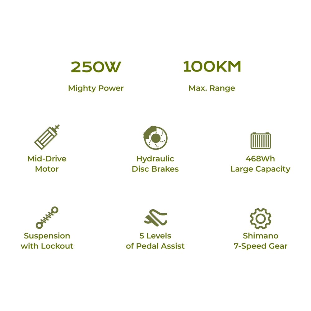 Elektrobicykel Eleglide C2, 250W motor so stredovým pohonom, 36V 13Ah batéria, 26-palcové pneumatiky, max. rýchlosť 25 km/h, dojazd 100 km, hydraulické kotúčové brzdy, odpruženie s aretáciou, 7-rýchlostný prevod Shimano