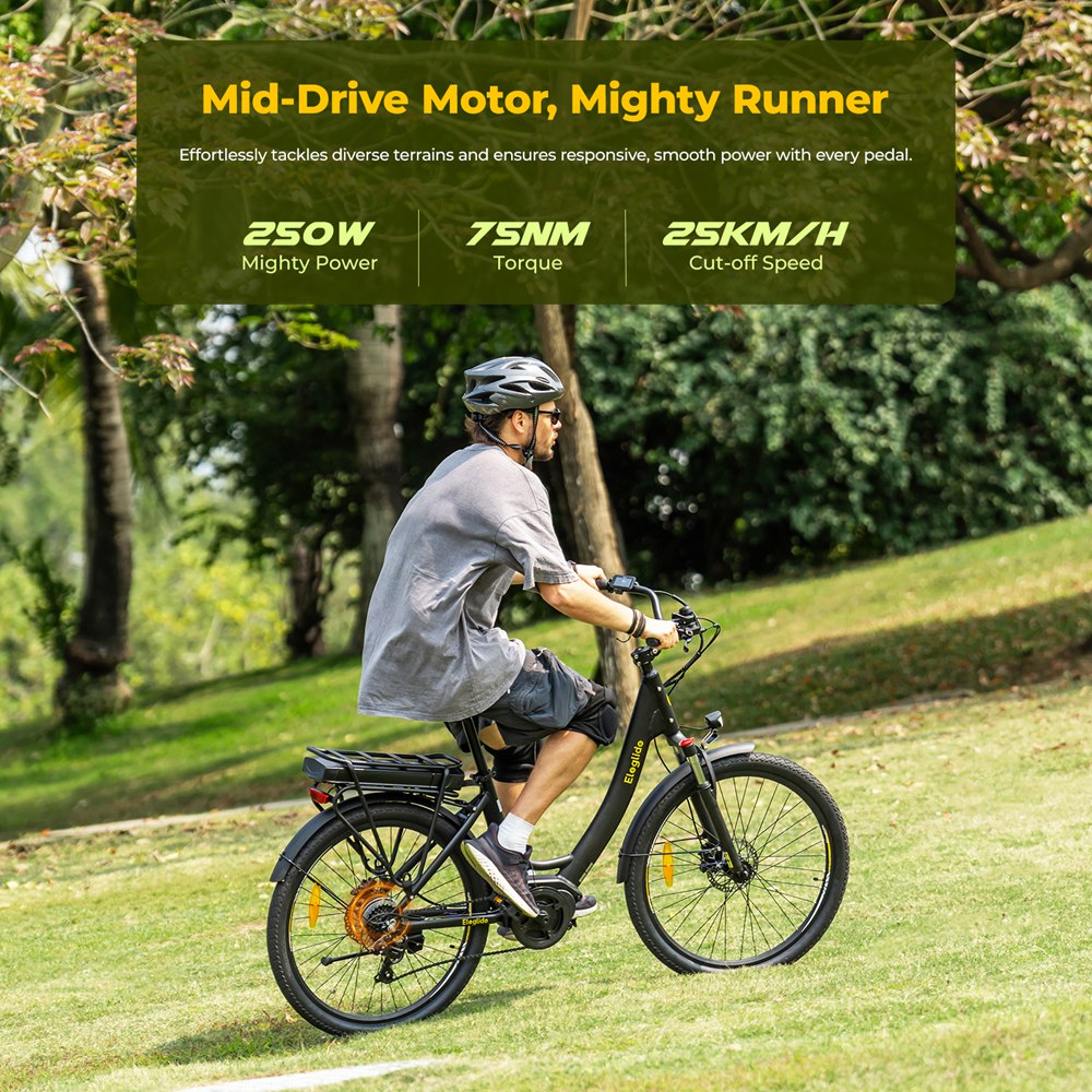 Elektrobicykel Eleglide C2, 250W motor so stredovým pohonom, 36V 13Ah batéria, 26-palcové pneumatiky, max. rýchlosť 25 km/h, dojazd 100 km, hydraulické kotúčové brzdy, odpruženie s aretáciou, 7-rýchlostný prevod Shimano