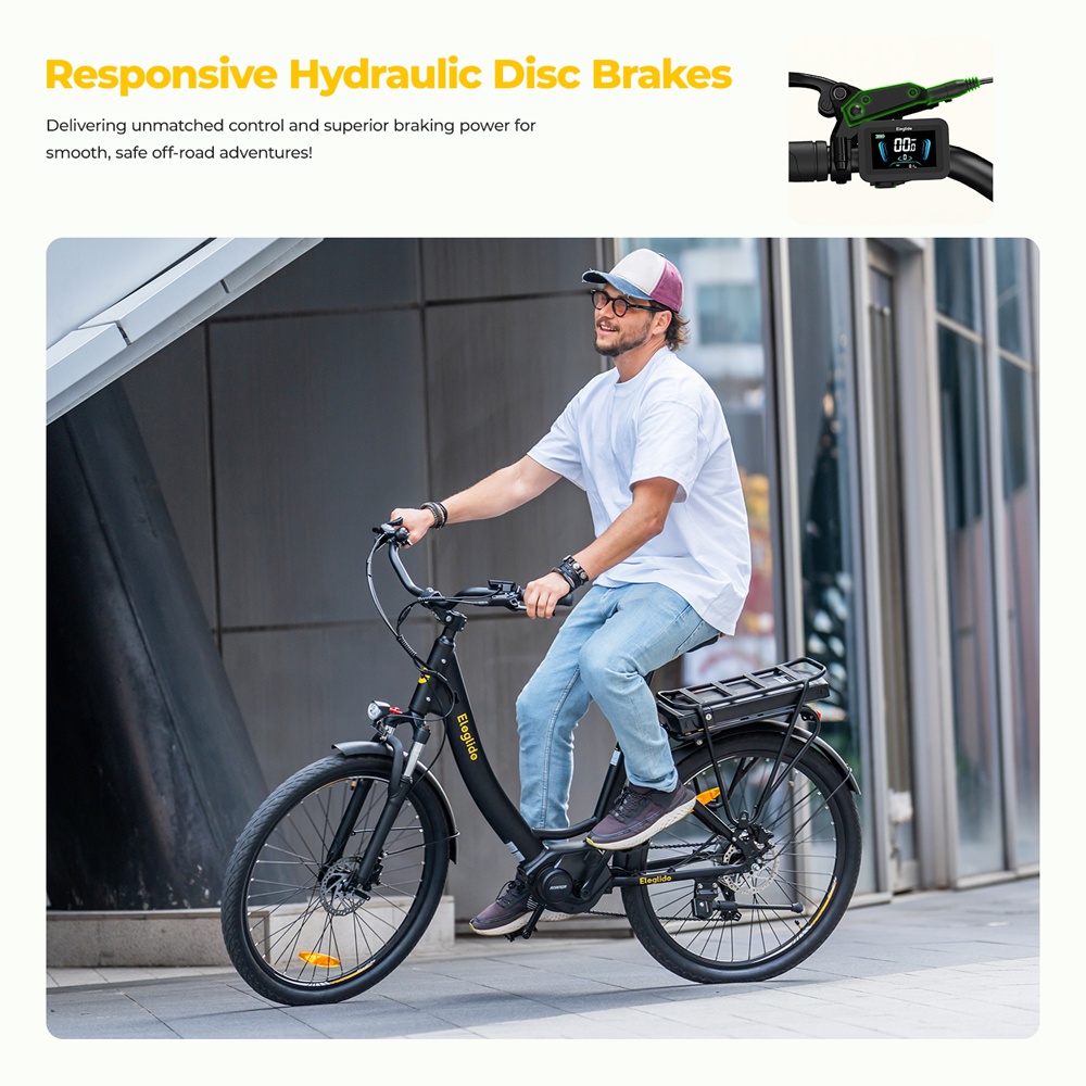 Elektrobicykel Eleglide C2, 250W motor so stredovým pohonom, 36V 13Ah batéria, 26-palcové pneumatiky, max. rýchlosť 25 km/h, dojazd 100 km, hydraulické kotúčové brzdy, odpruženie s aretáciou, 7-rýchlostný prevod Shimano