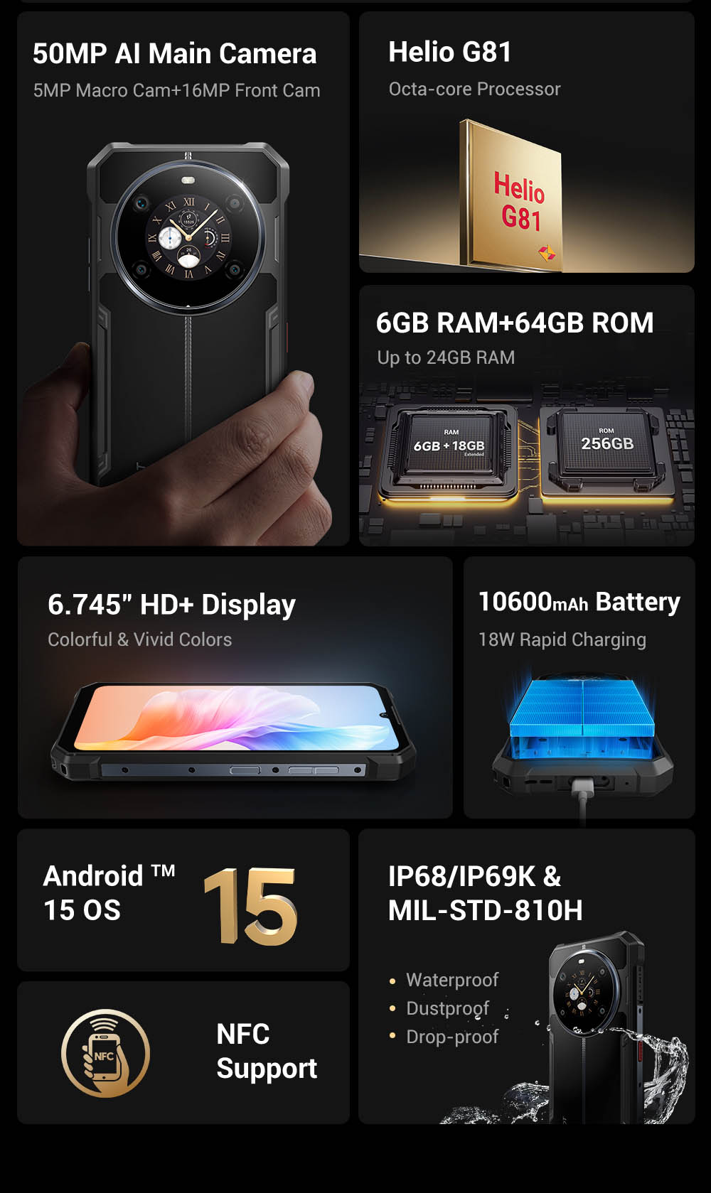 FOSSiBOT F109S Rugged Smartphone, Android 15, 6+256GB, 10600mAh Battery, 50MP Camera, NFC