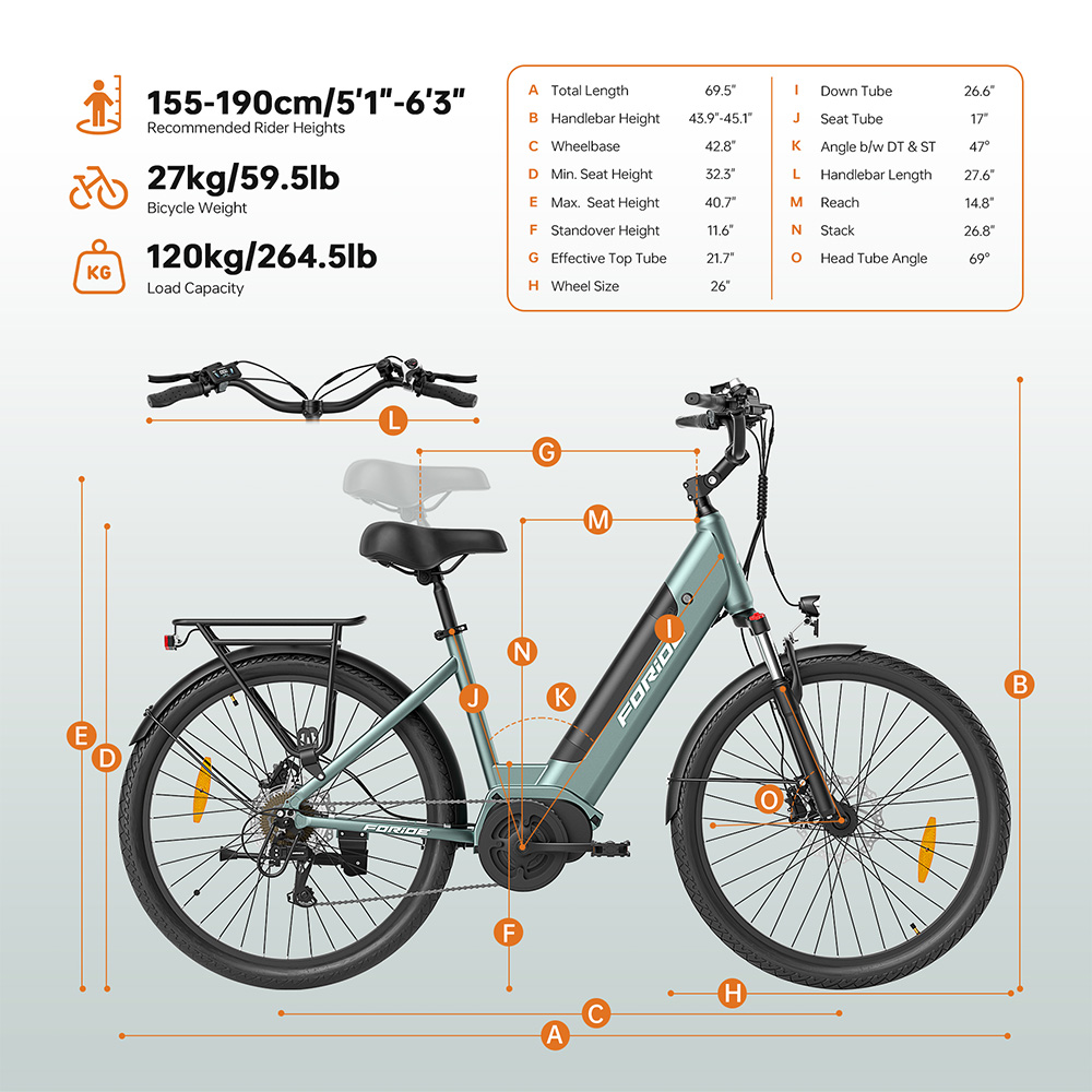 Foride Urbano 1 Electric Bike, 250W motor so stredovým pohonom, 36V 13Ah batéria, 26-palcové pneumatiky, max. rýchlosť 25 km/h, dojazd 110 km, hydraulické kotúčové brzdy, odpružená vidlica s uzamykaním, 7-rýchlostný prevod Shimano