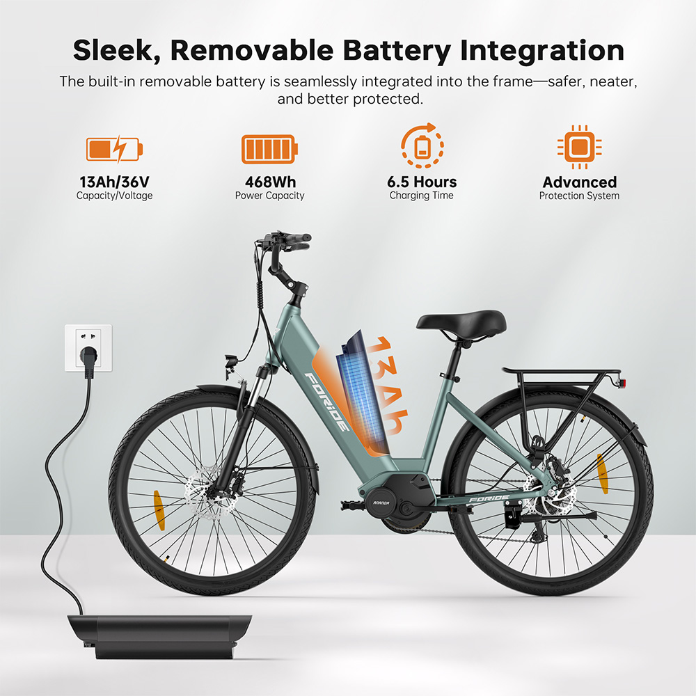 Foride Urbano 1 Elektrobicykel, 250W motor so stredovým pohonom, 36V 13Ah batéria, 26-palcové pneumatiky, max. rýchlosť 25 km/h, dojazd 110 km, hydraulické kotúčové brzdy, odpružená vidlica s uzamykaním, 7-rýchlostná prevodovka Shimano