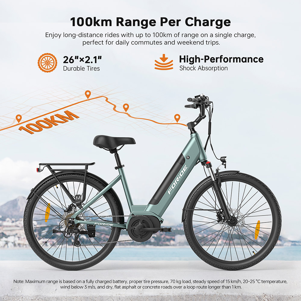 Foride Urbano 1 Elektrobicykel, 250W motor so stredovým pohonom, 36V 13Ah batéria, 26-palcové pneumatiky, max. rýchlosť 25 km/h, dojazd 110 km, hydraulické kotúčové brzdy, odpružená vidlica s uzamykaním, 7-rýchlostná prevodovka Shimano