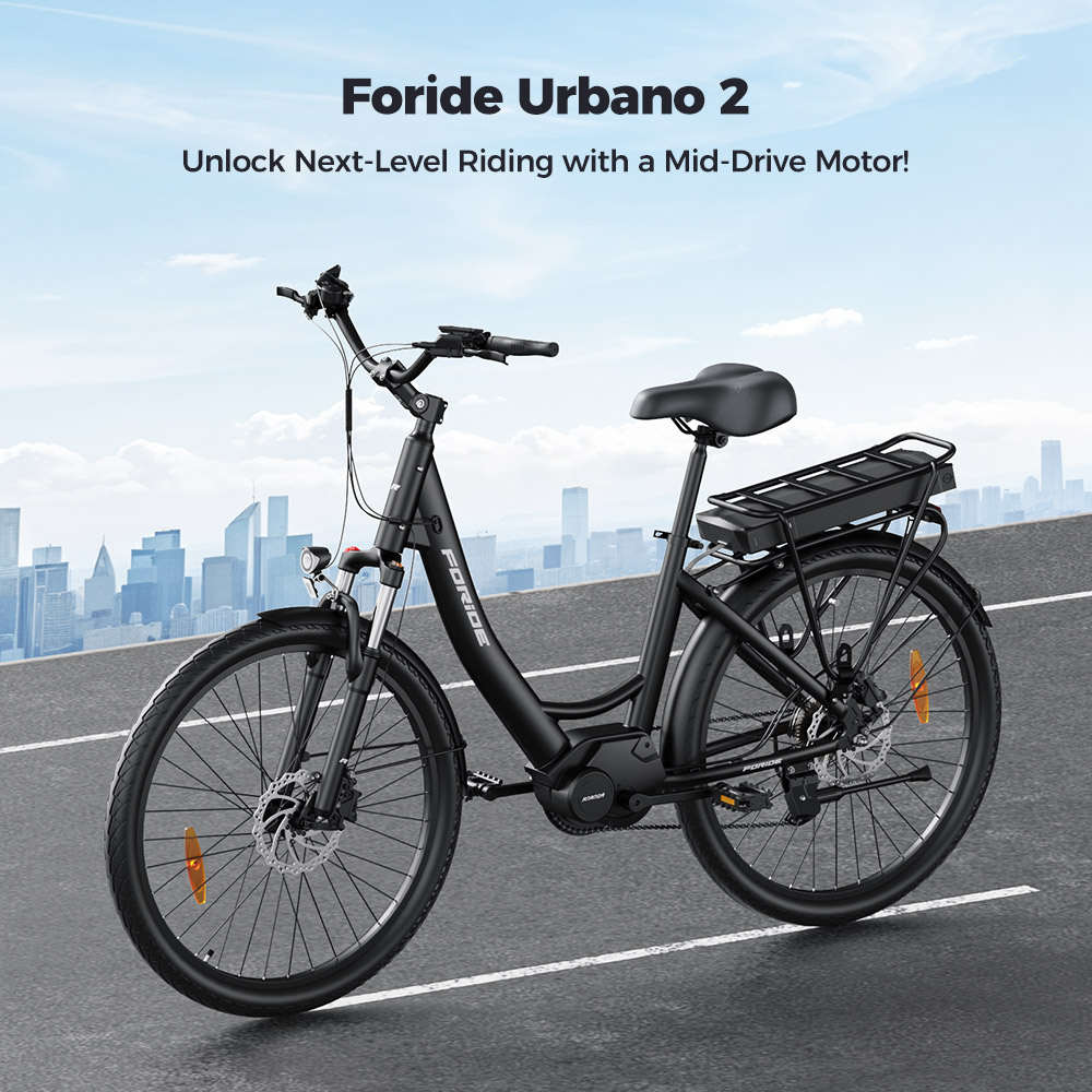 Foride Urbano 2 Elektrobicykel, 250W motor so stredovým pohonom, 36V 13Ah batéria, 26-palcové pneumatiky, max. rýchlosť 25 km/h, dojazd 100 km, hydraulické kotúčové brzdy, odpruženie s uzamykaním, 7-rýchlostný prevod Shimano