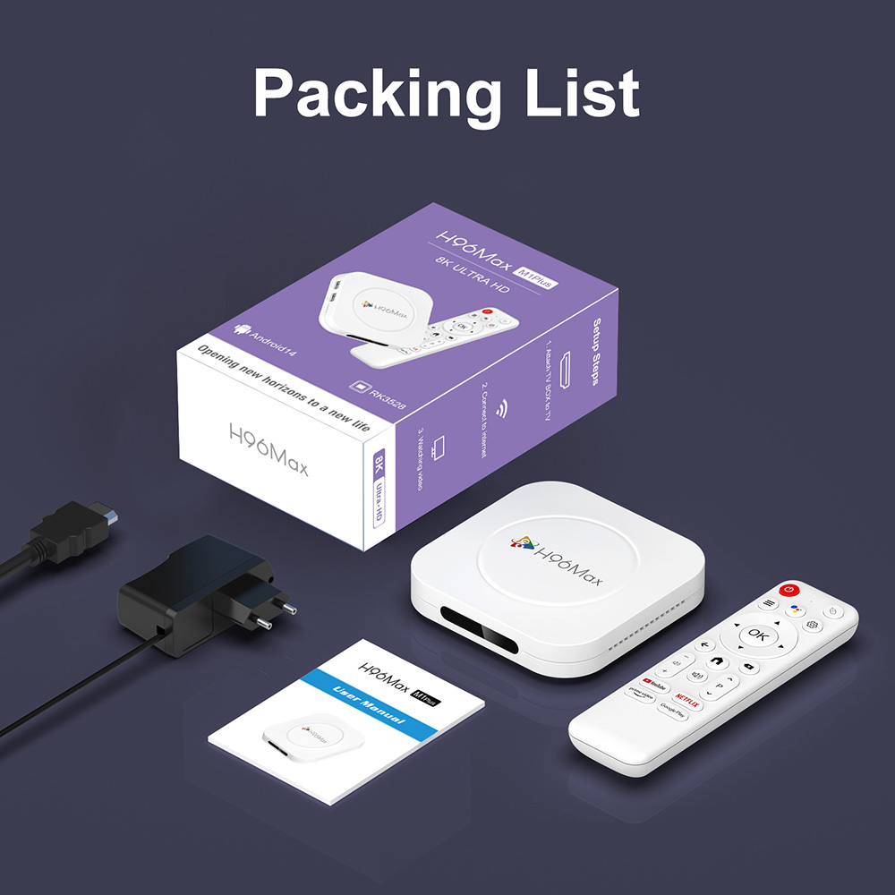 H96 Max M1 Plus Android 14 TV Box, RK3528 Quad Core, 2GB RAM 16GB ROM, 8K UHD, WiFi 6, Bluetooth 5.4, 2*USB2.0, 1*HDMI, 1*Ethernet - EU Plug