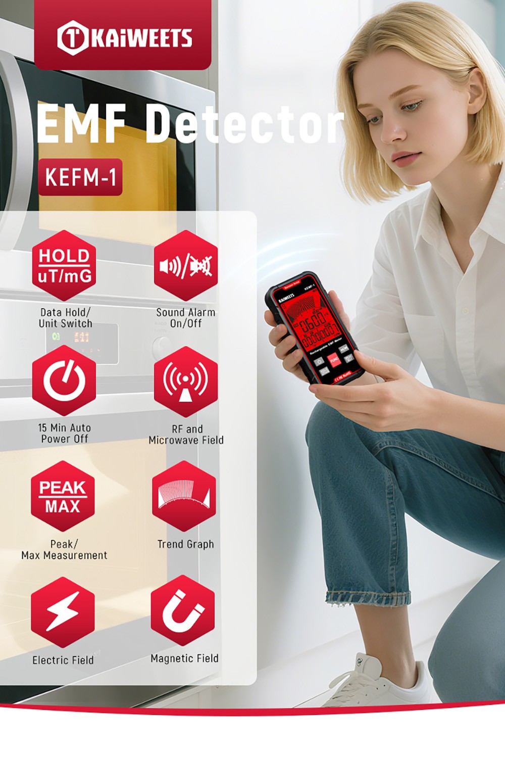 KAIWEETS KEMF-1 Detektor EMF žiarenia, EF/MF/RF údaje, LED displej, nabíjací port typu C