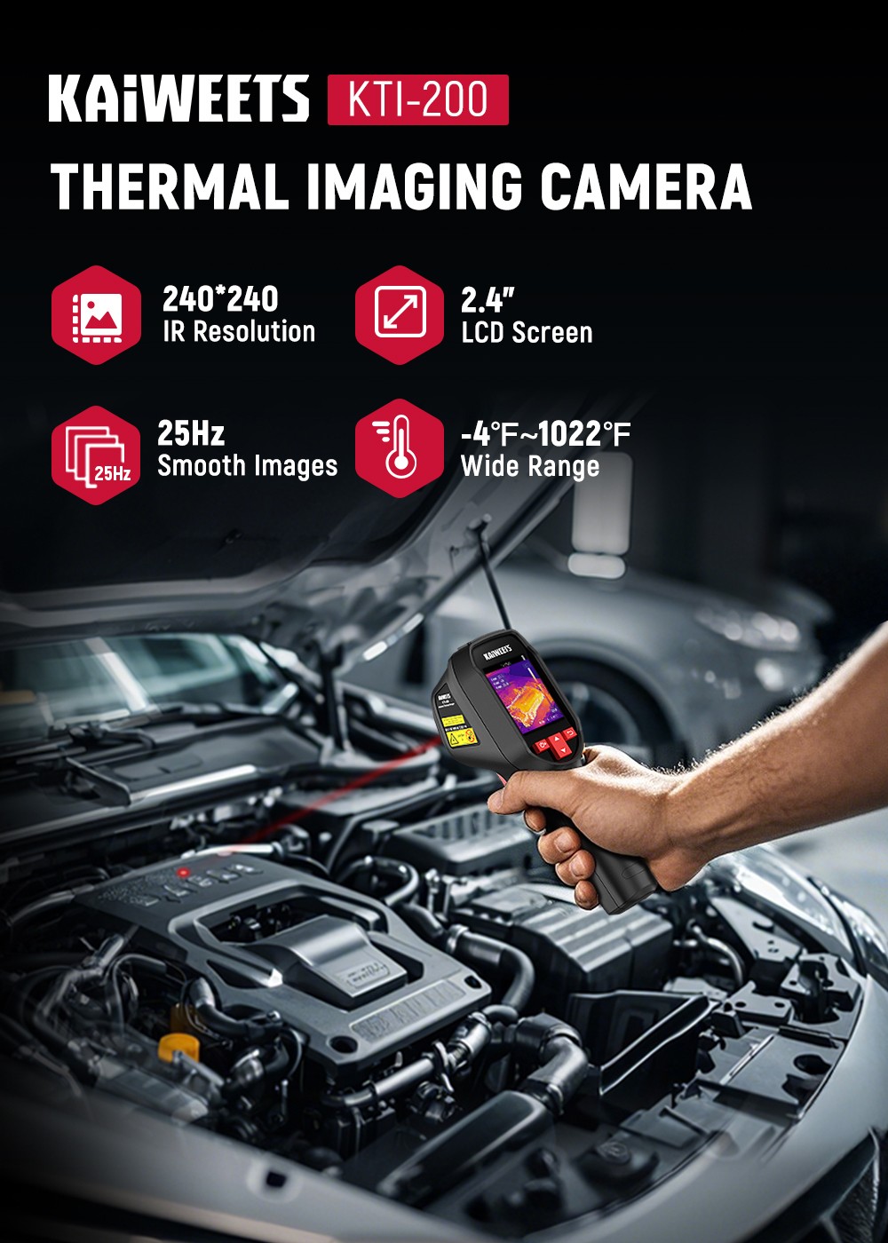 KAIWEETS KTI-200 Thermal Imaging Camera, 240x240 IR Resolution, -4&deg;F to 1022&deg;F Range, 25Hz Refresh Rate, 15 Color Palettes, Laser Pointer, 8H Runtime, IP54