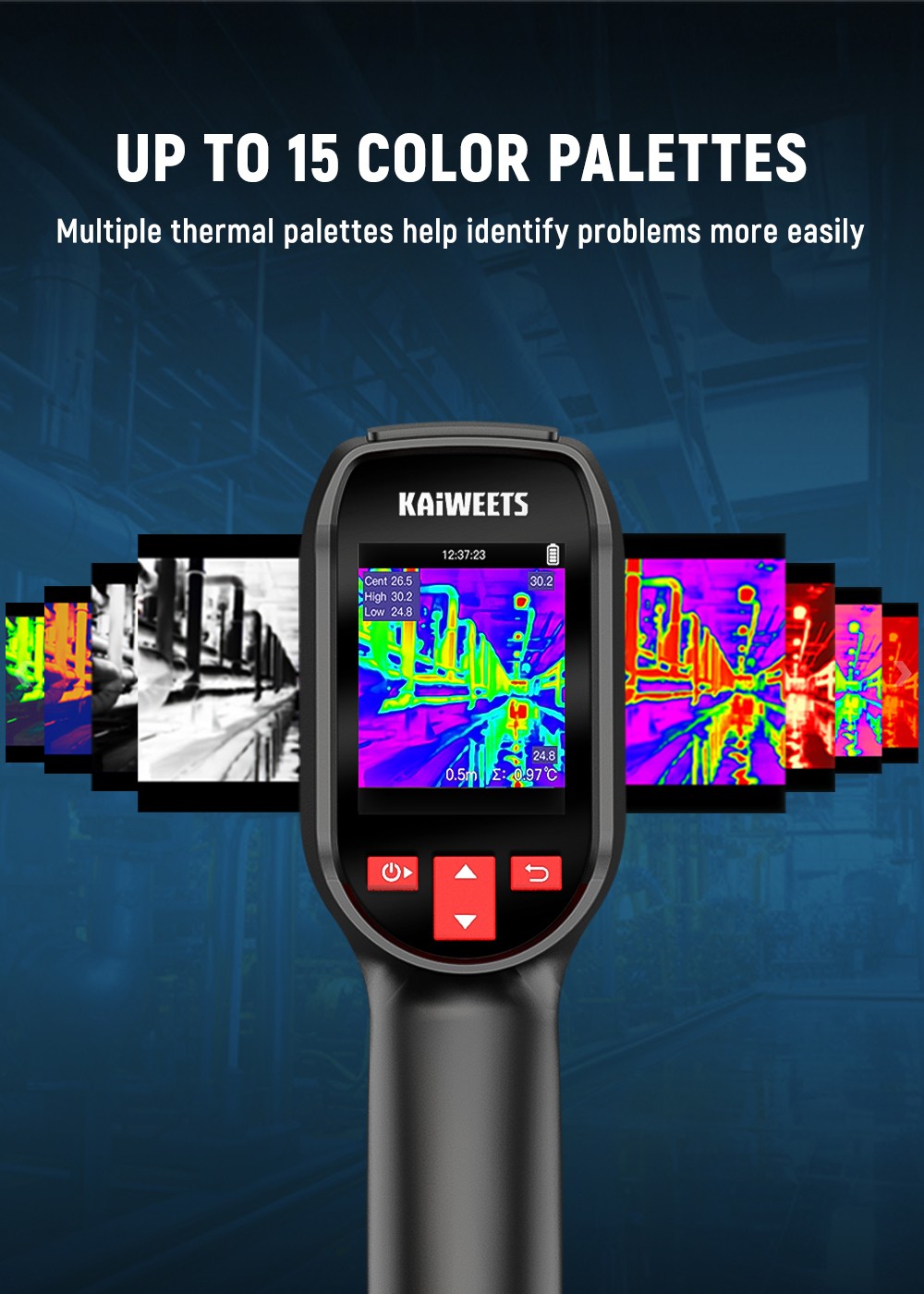 KAIWEETS KTI-200 Thermal Imaging Camera, 240x240 IR Resolution, -4&deg;F to 1022&deg;F Range, 25Hz Refresh Rate, 15 Color Palettes, Laser Pointer, 8H Runtime, IP54