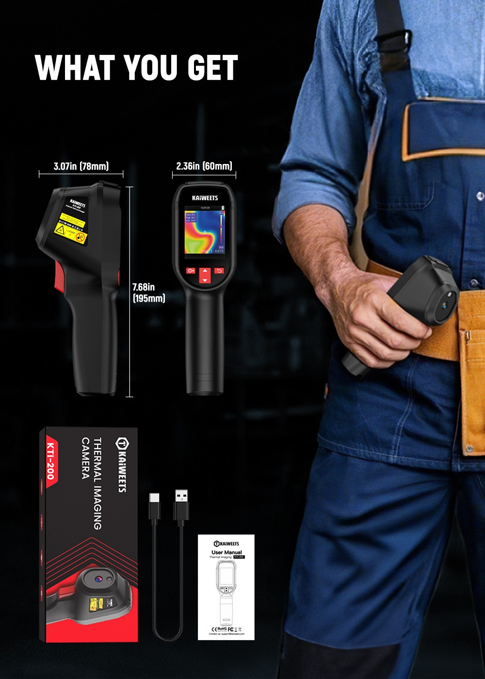 KAIWEETS KTI-200 Thermal Imaging Camera, 240x240 IR Resolution, -4&deg;F to 1022&deg;F Range, 25Hz Refresh Rate, 15 Color Palettes, Laser Pointer, 8H Runtime, IP54