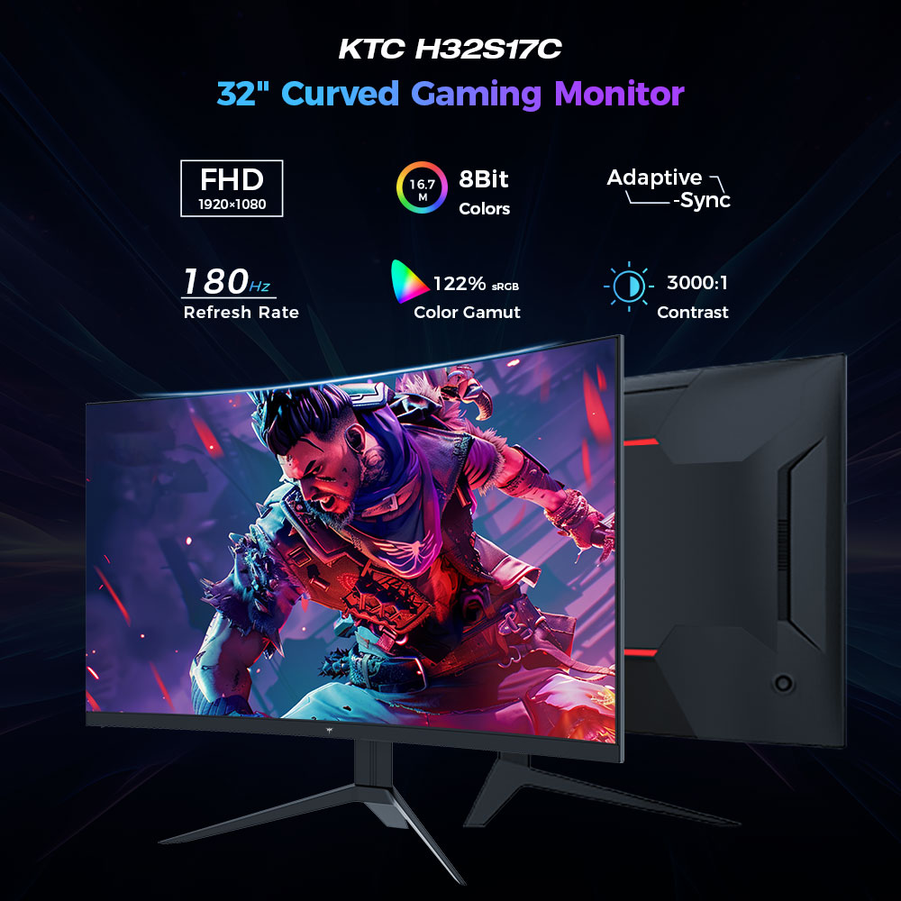 Refurbished KTC H32S17C 1500R Curved Gaming Monitor, 32 inch 1920*1080 VA Panel, 180Hz Refresh Rate, 3000:1 Contrast Ratio, FreeSync & G-Sync, Low Blue Light & Flicker Free, 2*HDMI 2.0, 1*DP1.4, 1*Earphone Jack, VESA Mount