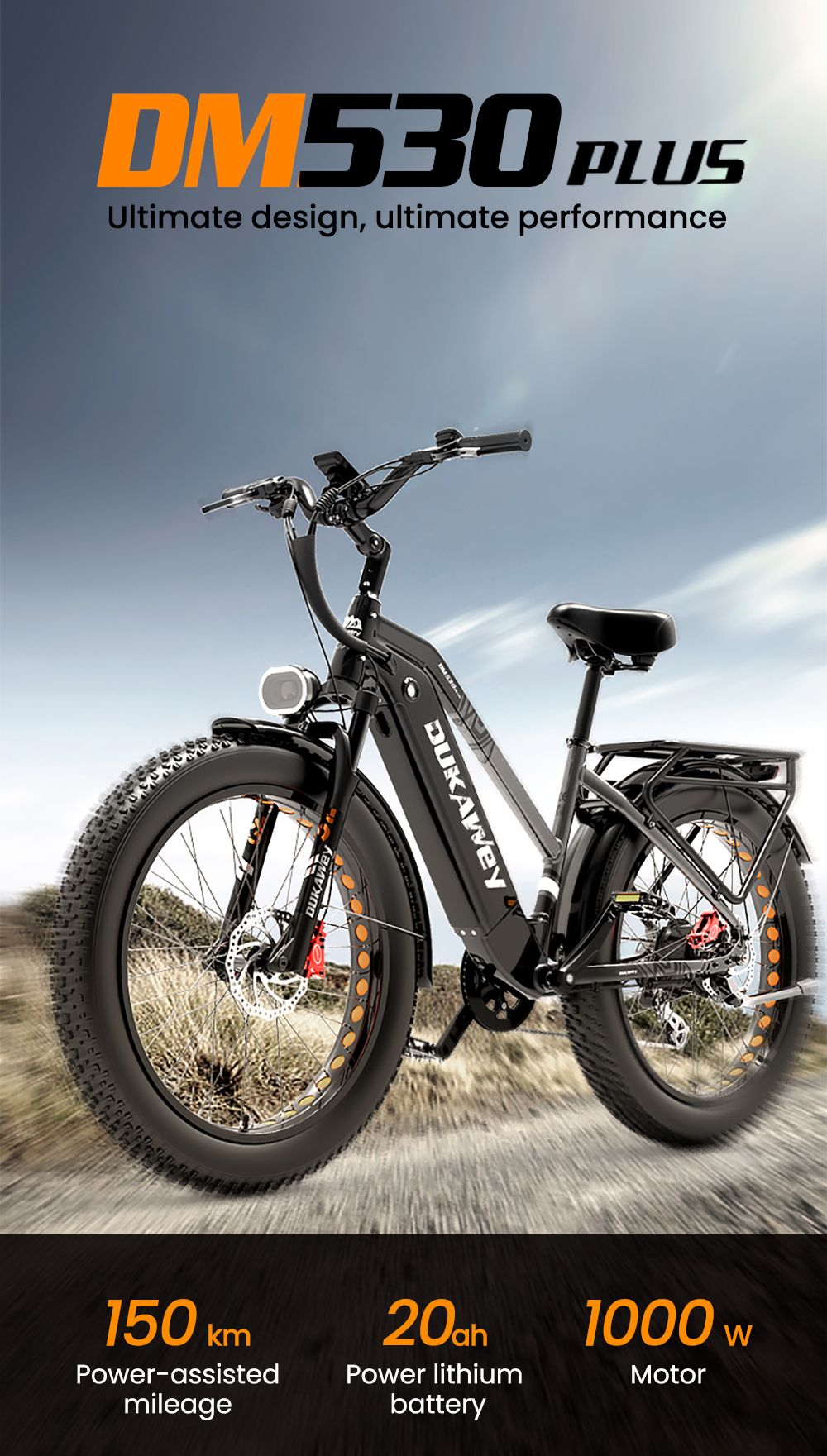 Elektrobicykel LANKELEISI DM530Plus, 1000W motor, 52V 20Ah batéria, 26*4.0 palcové pneumatiky, max. rýchlosť 52 km/h, dojazd 150 km, hydraulické kotúčové brzdy, predné odpruženie olejovou pružinou, 7-stupňová prevodovka Shimano - čiernošedá