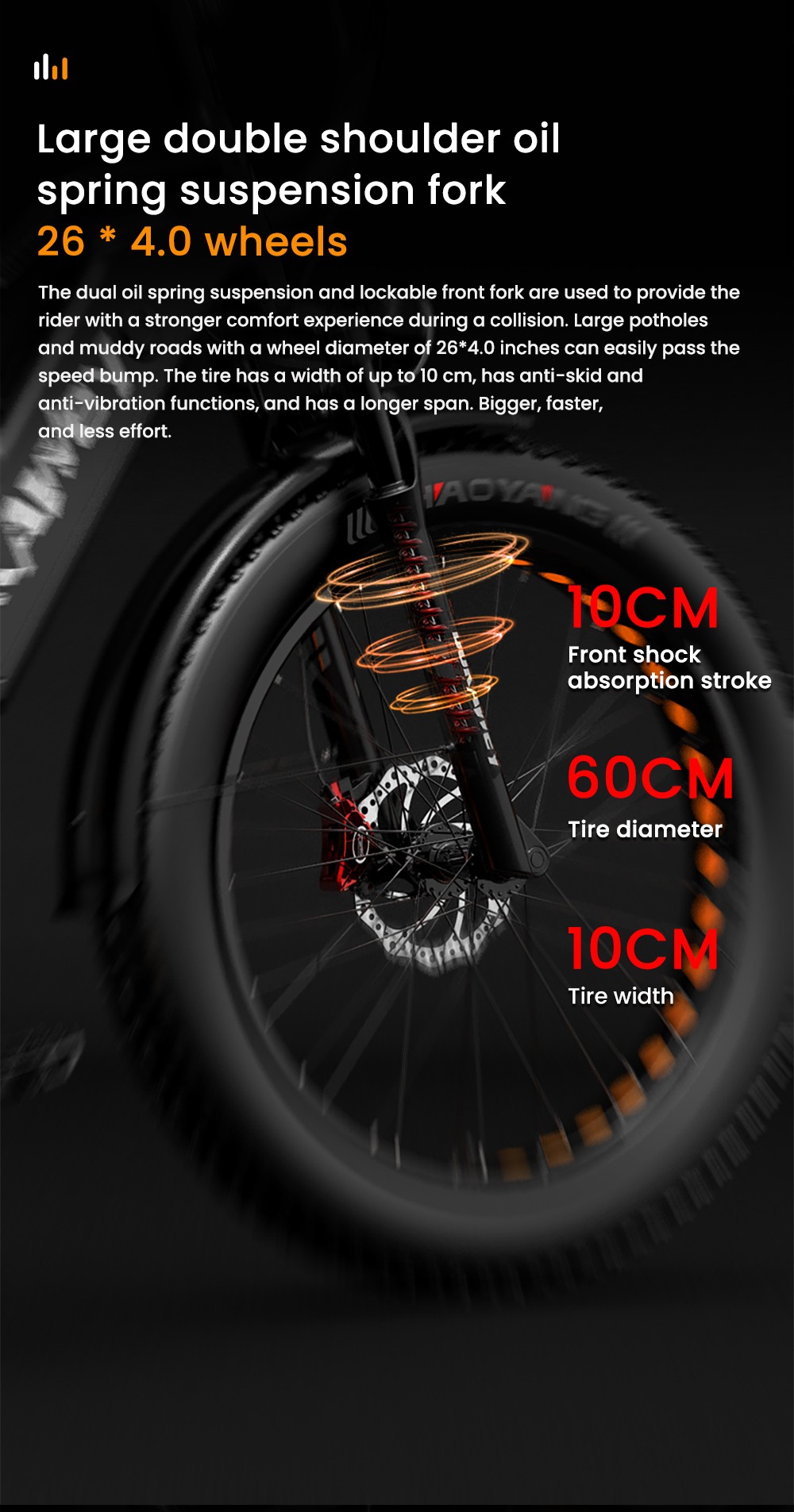 LANKELEISI DM530Plus Electric Bike, 1000W Motor, 52V 20Ah Battery, 26*4.0 palcové pneumatiky, max. rýchlosť 52 km/h, dojazd 150 km, hydraulické kotúčové brzdy, predné odpruženie olejovou pružinou, 7-stupňová prevodovka Shimano - čierno-oranžová