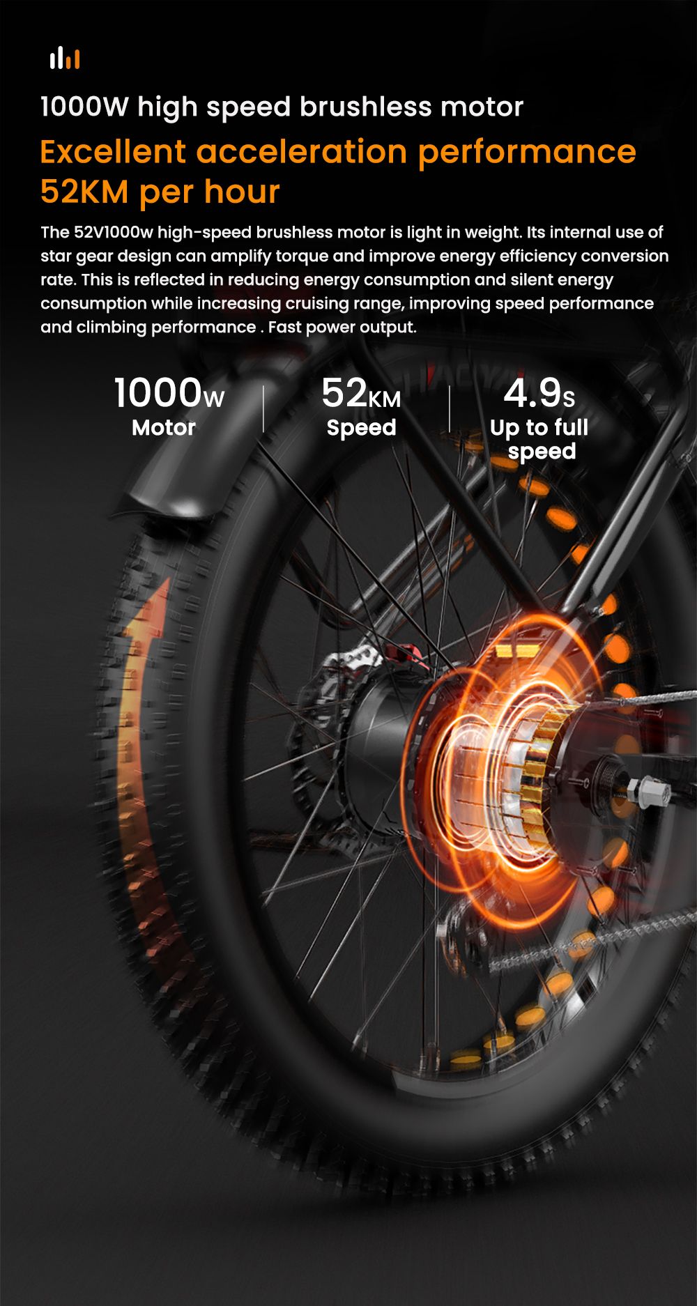 Elektrobicykel LANKELEISI DM530Plus, 1000W motor, 52V 20Ah batéria, 26*4.0 palcové pneumatiky, max. rýchlosť 52 km/h, dojazd 150 km, hydraulické kotúčové brzdy, predné odpruženie olejovou pružinou, 7-stupňová prevodovka Shimano - čierno-oranžová