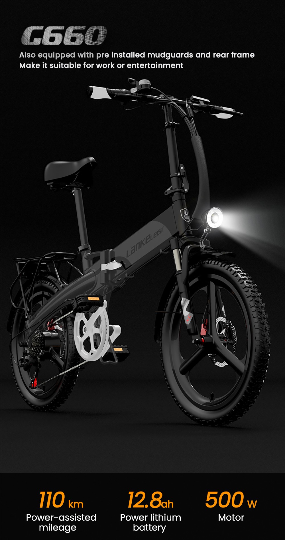 LANKELEISI G660 Electric Bike, 500W Motor, 48V 12.8Ah Battery, 20*1.95 palcové pneumatiky, max. rýchlosť 35 km/h, dojazd 110 km, hydraulické kotúčové brzdy, predná vidlica s olejovým tlmičom, 7-rýchlostná prevodovka Shimano - červená