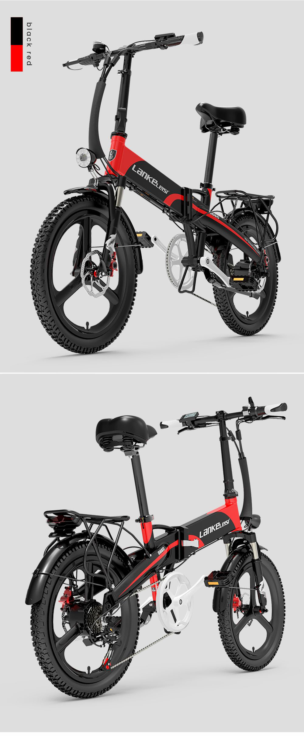 Elektrobicykel LANKELEISI G660, 500W motor, 48V 12,8Ah batéria, 20*1,95 palcové pneumatiky, max. rýchlosť 35 km/h, dojazd 110 km, hydraulické kotúčové brzdy, predná vidlica s olejovým tlmičom, Shimano 7 rýchlostí - červená