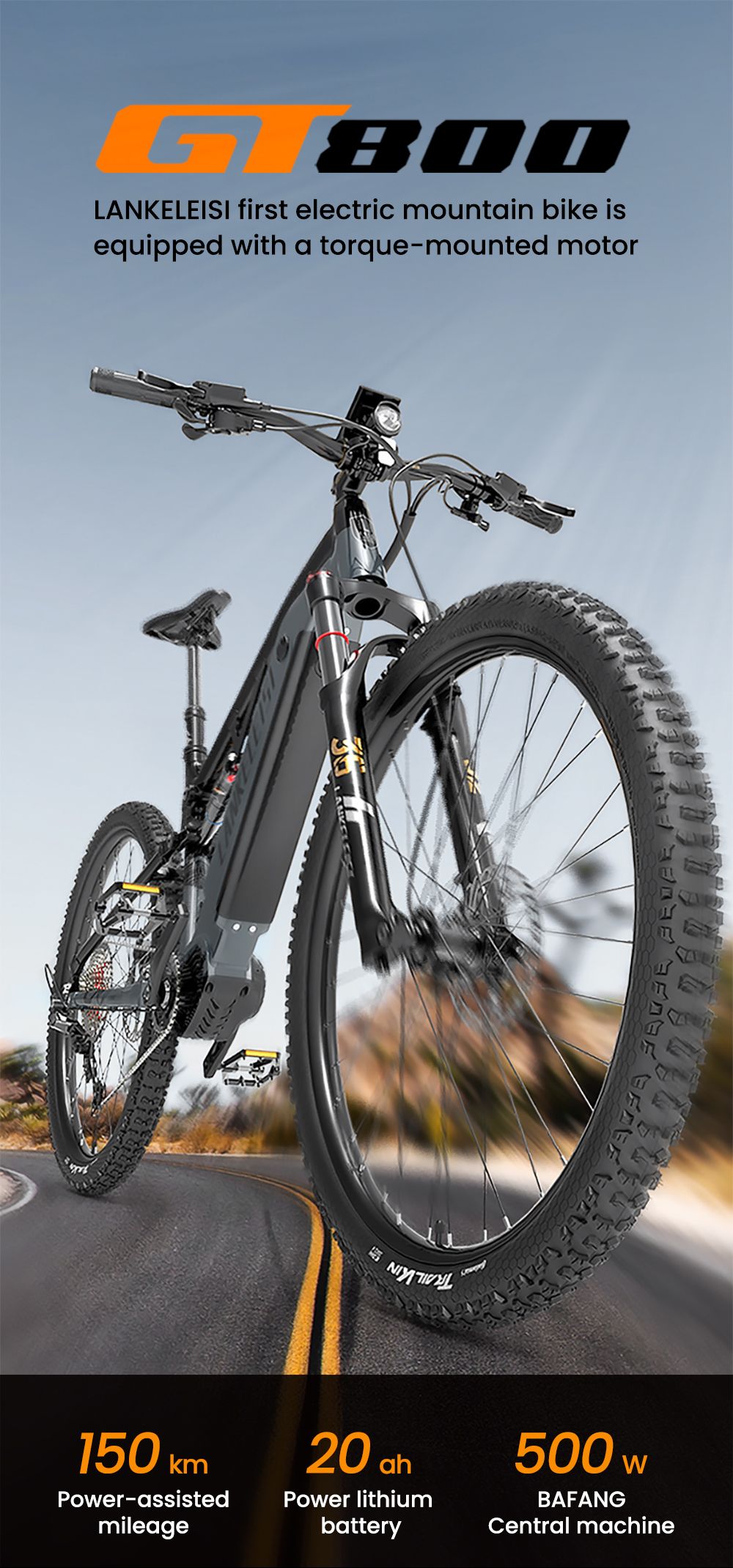 Elektrobicykel LANKELEISI GT800, 500W motor, 48V 20Ah batéria, 29 palcové pneumatiky, max. rýchlosť 40km/h, dojazd 150km, hydraulické kotúčové brzdy, predná vidlica s pneumatickým tlmičom, Shimano 12 rýchlostí - sivá