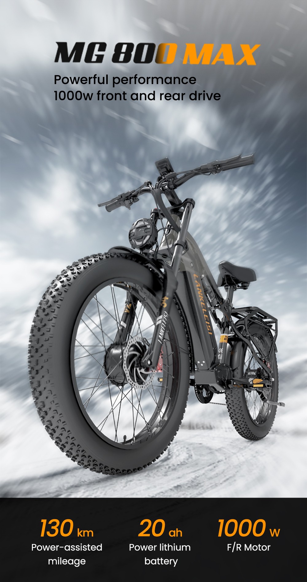 Elektrobicykel LANKELEISI MG800MAX, 1000W*2 motor, 48V 20Ah batéria, 26*4.0 palcové pneumatiky, max. rýchlosť 48 km/h, dojazd 130 km, hydraulické kotúčové brzdy, predné odpruženie olejovou pružinou & pneumatický zadný tlmič, Shimano 7 rýchlostí - sivá