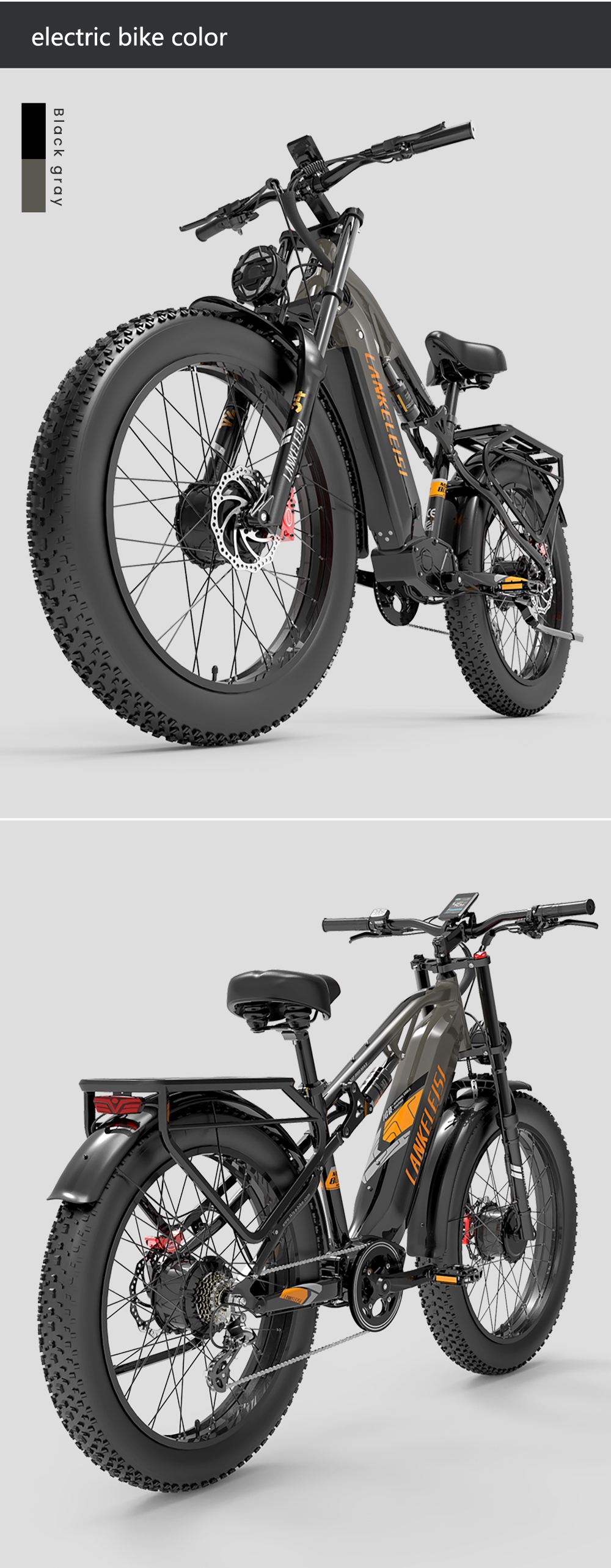 Elektrobicykel LANKELEISI MG800MAX, 1000W*2 motor, 48V 20Ah batéria, 26*4.0 palcové pneumatiky, max. rýchlosť 48 km/h, dojazd 130 km, hydraulické kotúčové brzdy, predné odpruženie olejovou pružinou & pneumatický zadný tlmič, Shimano 7-rýchlostný - sivý