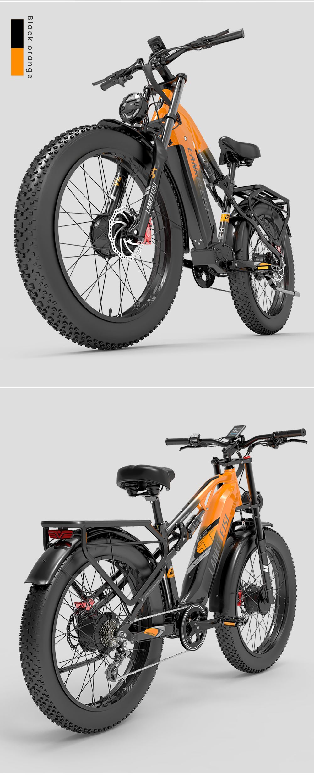 Elektrobicykel LANKELEISI MG800MAX, motor 1000W*2, batéria 48V 20Ah, pneumatiky 26*4,0 palca, max. rýchlosť 48 km/h, dojazd 130 km, hydraulické kotúčové brzdy, predné odpruženie olejovou pružinou & pneumatický zadný tlmič, Shimano 7 rýchlostí - sivá