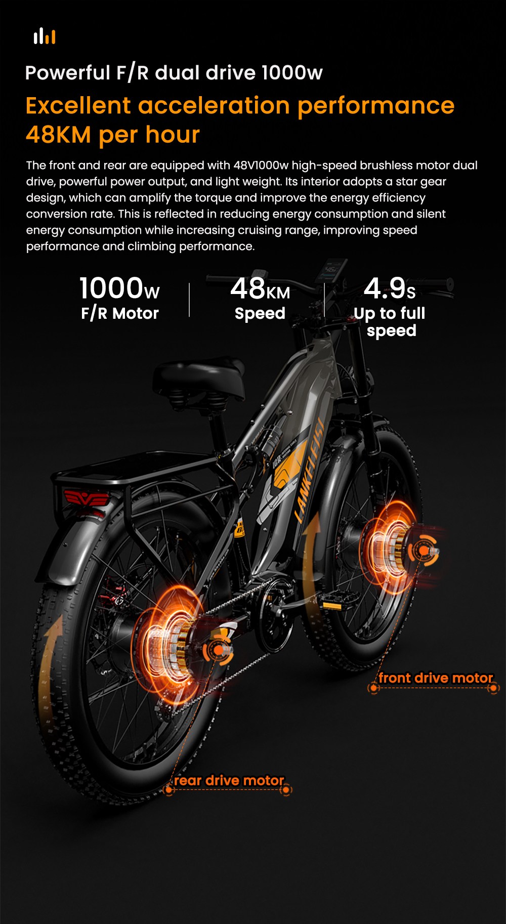 Elektrobicykel LANKELEISI MG800MAX, 1000W*2 motor, 48V 20Ah batéria, 26*4.0 palcové pneumatiky, max. rýchlosť 48 km/h, dojazd 130 km, hydraulické kotúčové brzdy, predné odpruženie olejovou pružinou & pneumatický zadný tlmič, Shimano 7 rýchlostí - sivá
