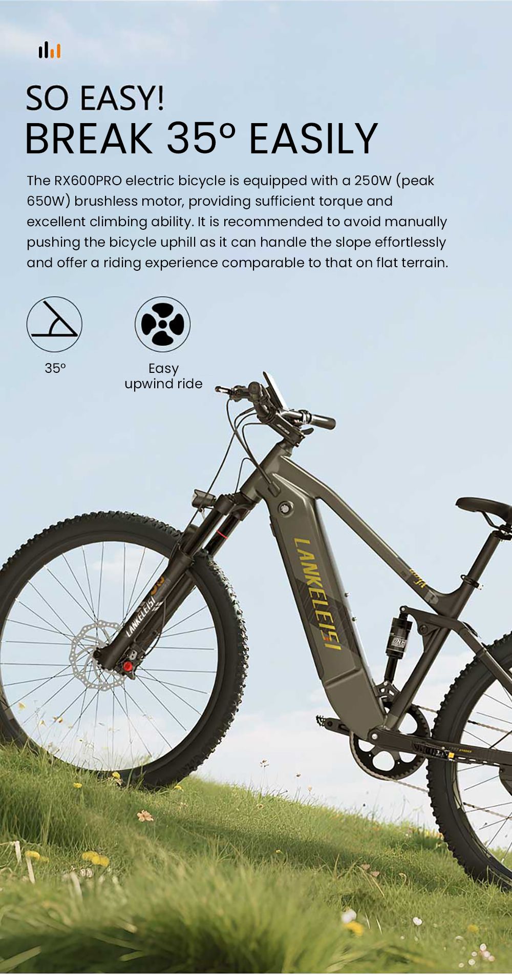 LANKELEISI RX600PRO Electric Bike, 250W motor, 48V 20Ah batéria, 29 palcové pneumatiky, max. rýchlosť 25 km/h, dojazd 150 km, hydraulické kotúčové brzdy, olejové pružinové tlmiče, Shimano 8 rýchlostí - čierno-žltá