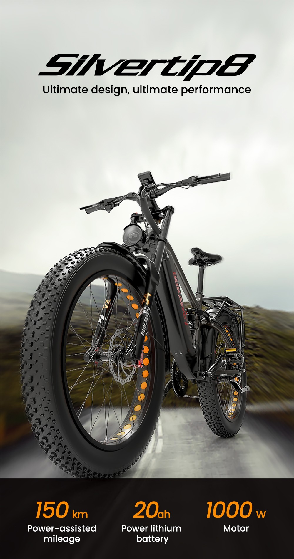 Elektrobicykel LANKELEISI Silvertip8, 1000W motor, 52V 20Ah batéria, 26*4 palcové pneumatiky, max. rýchlosť 52 km/h, dojazd 150 km, hydraulické kotúčové brzdy, predné odpruženie olejovou pružinou & pneumatický zadný tlmič, Shimano 7-rýchlostný - čiernošedý