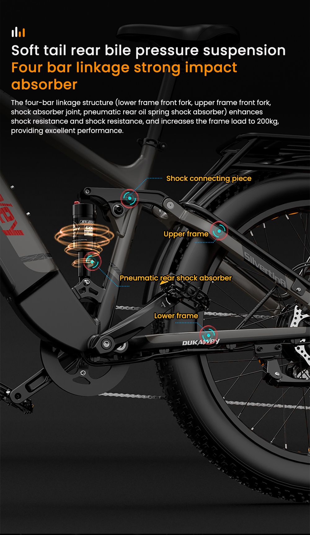 LANKELEISI Silvertip8 Electric Bike, 1000W motor, 52V 20Ah batéria, 26*4 palcové pneumatiky, max. rýchlosť 52 km/h, dojazd 150 km, hydraulické kotúčové brzdy, predné odpruženie olejovou pružinou & pneumatický zadný tlmič, Shimano 7-rýchlostný - čiernosivý