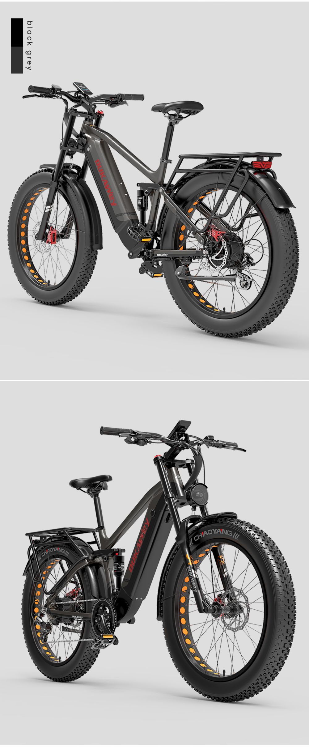 Elektrobicykel LANKELEISI Silvertip8, 1000W motor, 52V 20Ah batéria, 26*4 palcové pneumatiky, max. rýchlosť 52 km/h, dojazd 150 km, hydraulické kotúčové brzdy, predné odpruženie olejovou pružinou & pneumatický zadný tlmič, Shimano 7 rýchlostí - čiernošedý
