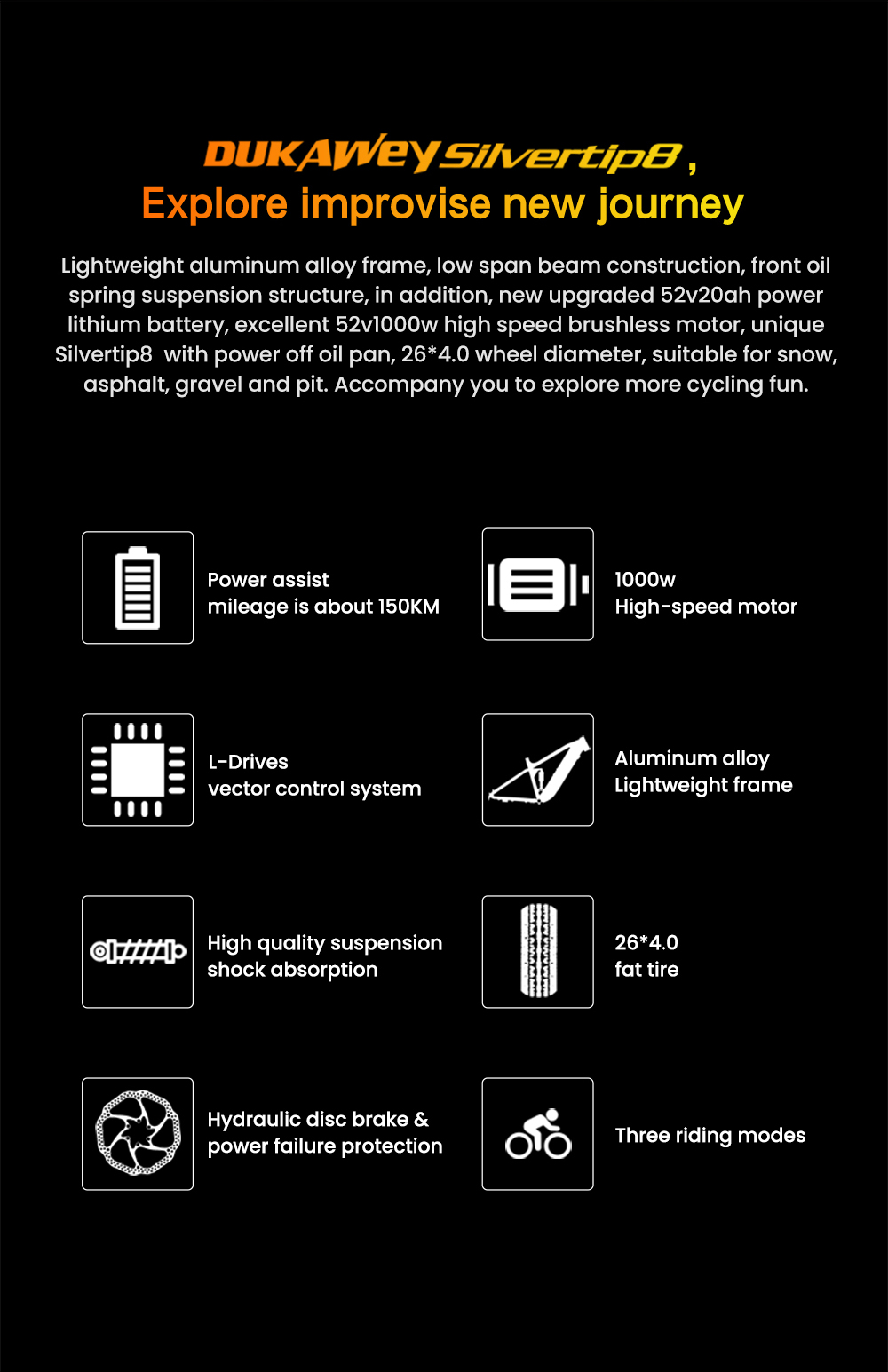LANKELEISI Silvertip8 Electric Bike, 1000W motor, 52V 20Ah batéria, 26*4 palcové pneumatiky, max. rýchlosť 52 km/h, dojazd 150 km, hydraulické kotúčové brzdy, predné odpruženie olejovou pružinou & pneumatický zadný tlmič, Shimano 7 rýchlostí - čierno-oranžový